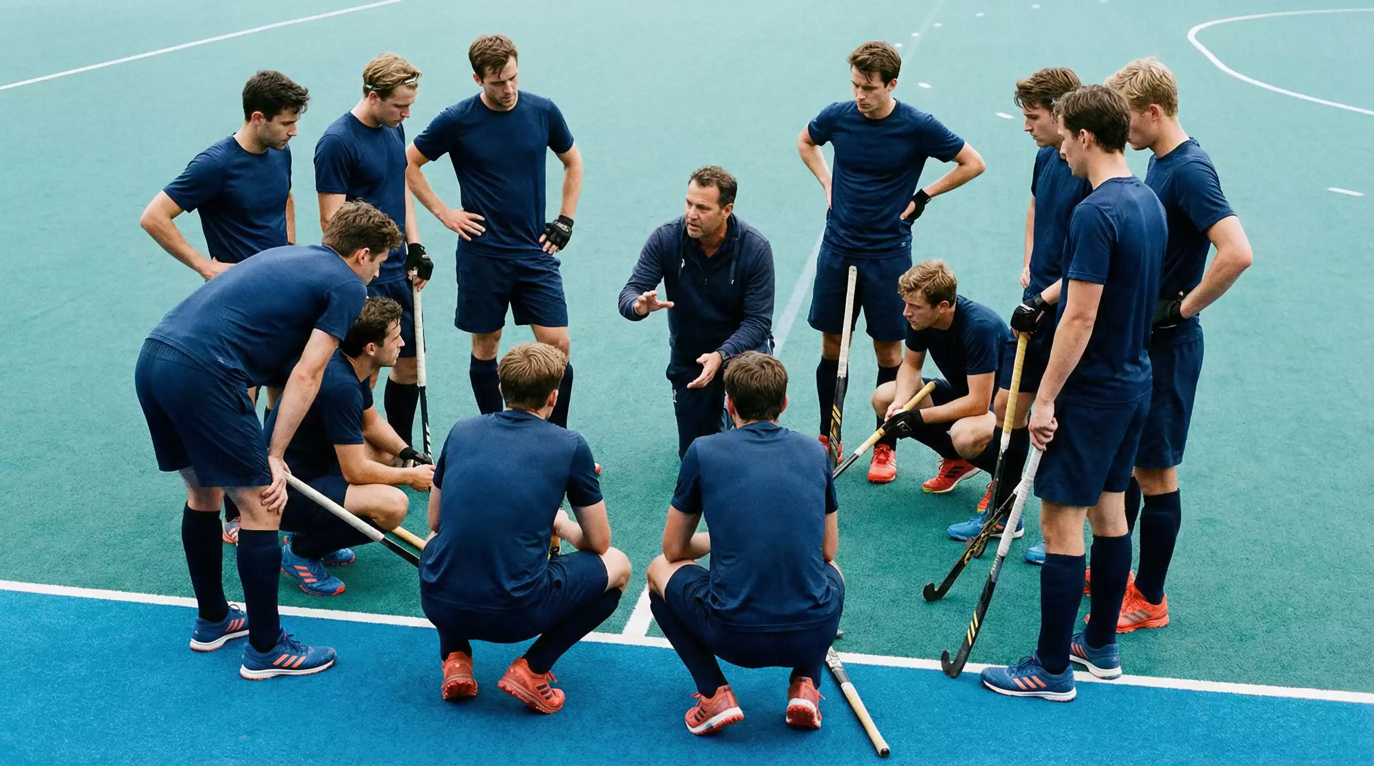 Hockeyteam tijdens tactische bespreking op het veld