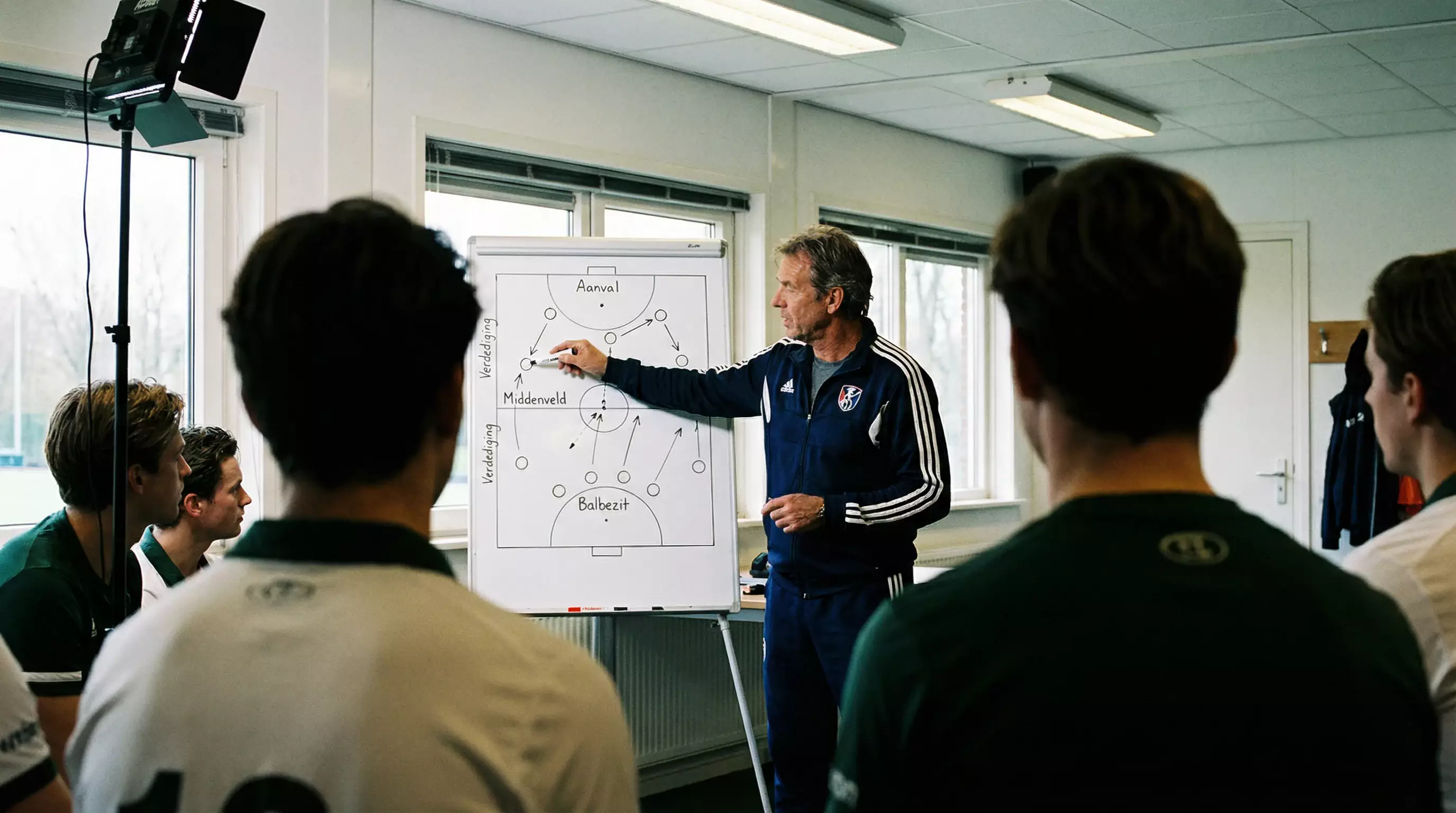 Hockeycoach legt tactiek uit aan team met whiteboard