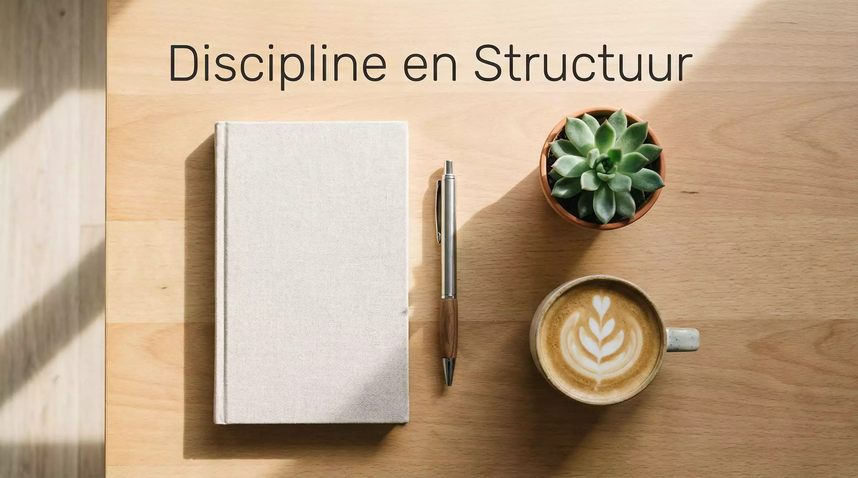 Georganiseerd bureau met notitieboek en koffie
