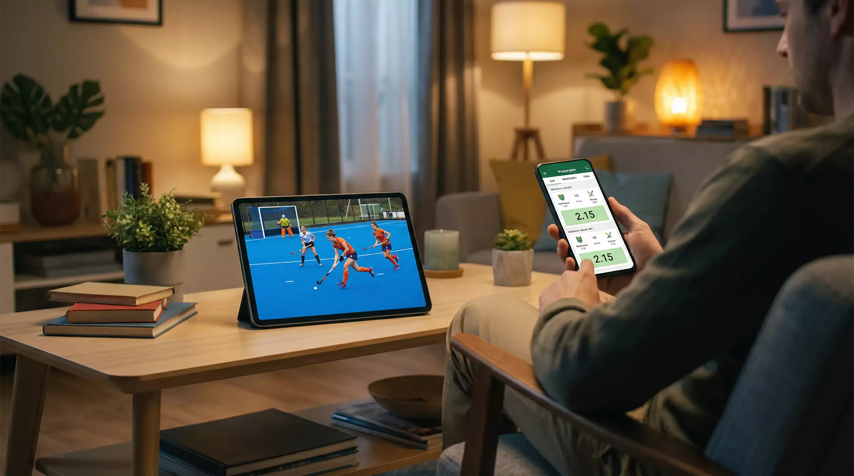 Persoon kijkt naar live hockeywedstrijd op tablet terwijl smartphone wedopties toont