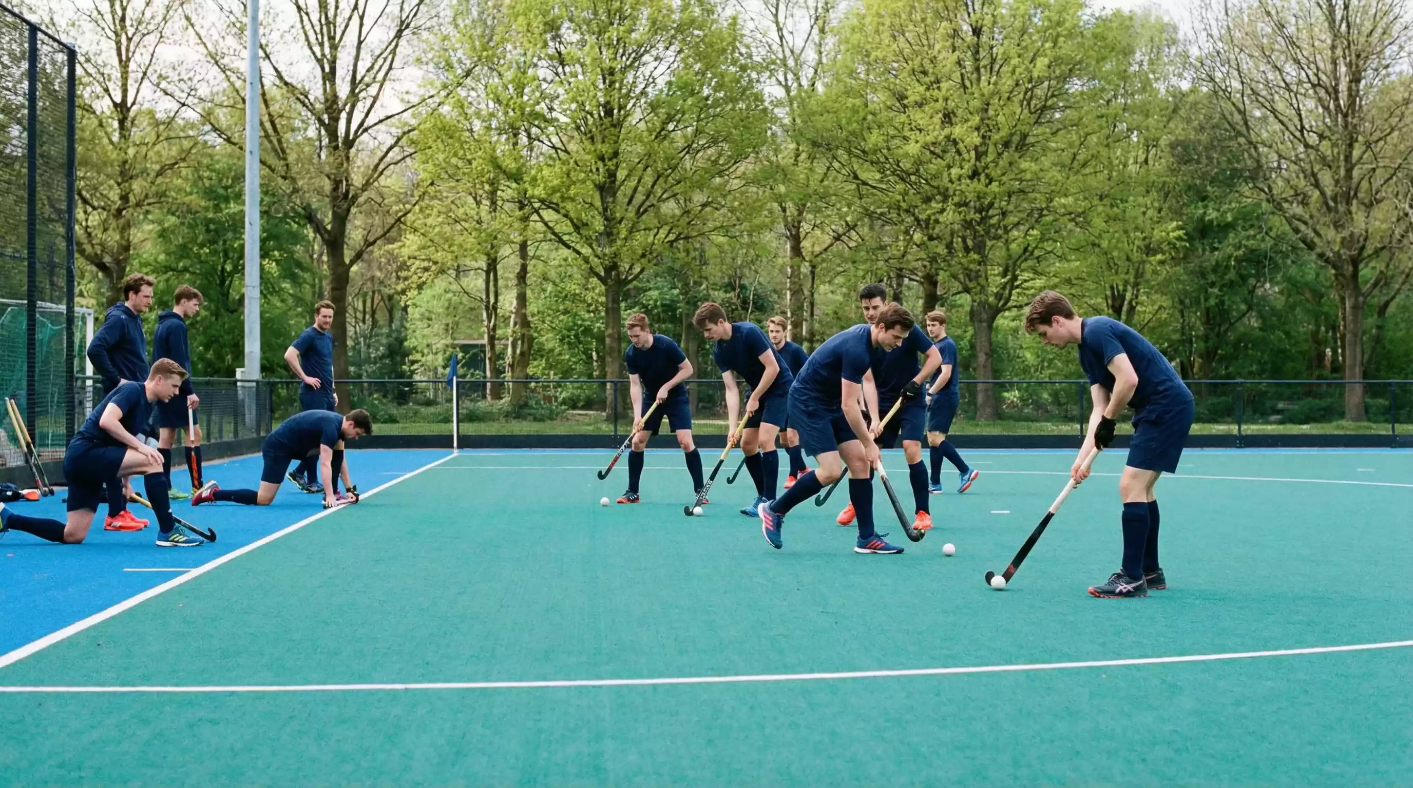 Hockeytraining op kunstgrasveld in het voorjaar