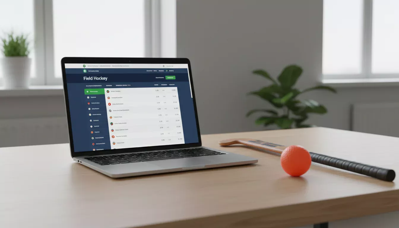 Laptop met sportweddenschappen website naast een hockeystick en bal op een bureau