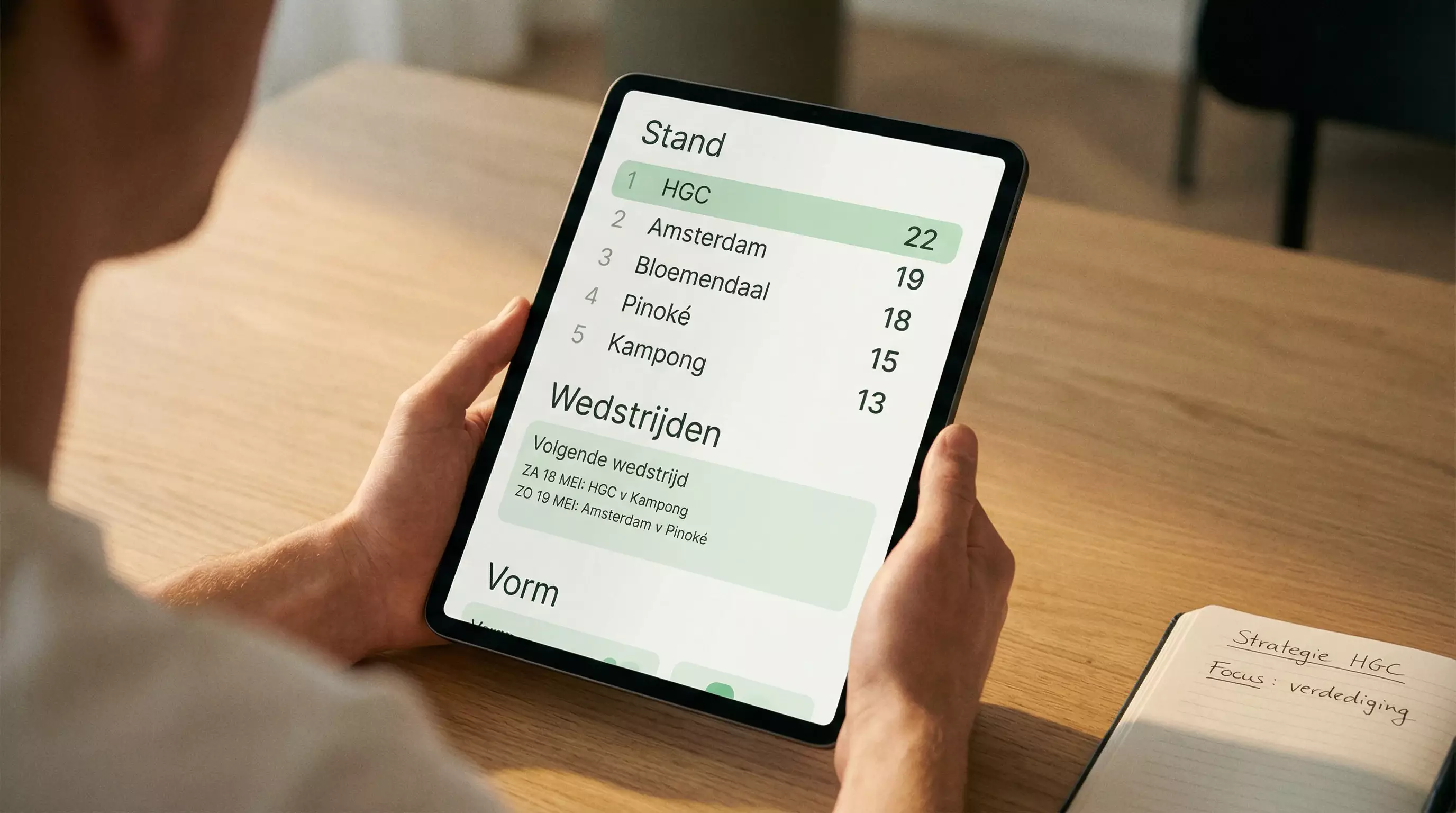 Persoon bekijkt hockeystatistieken op tablet met EHL wedstrijdschema