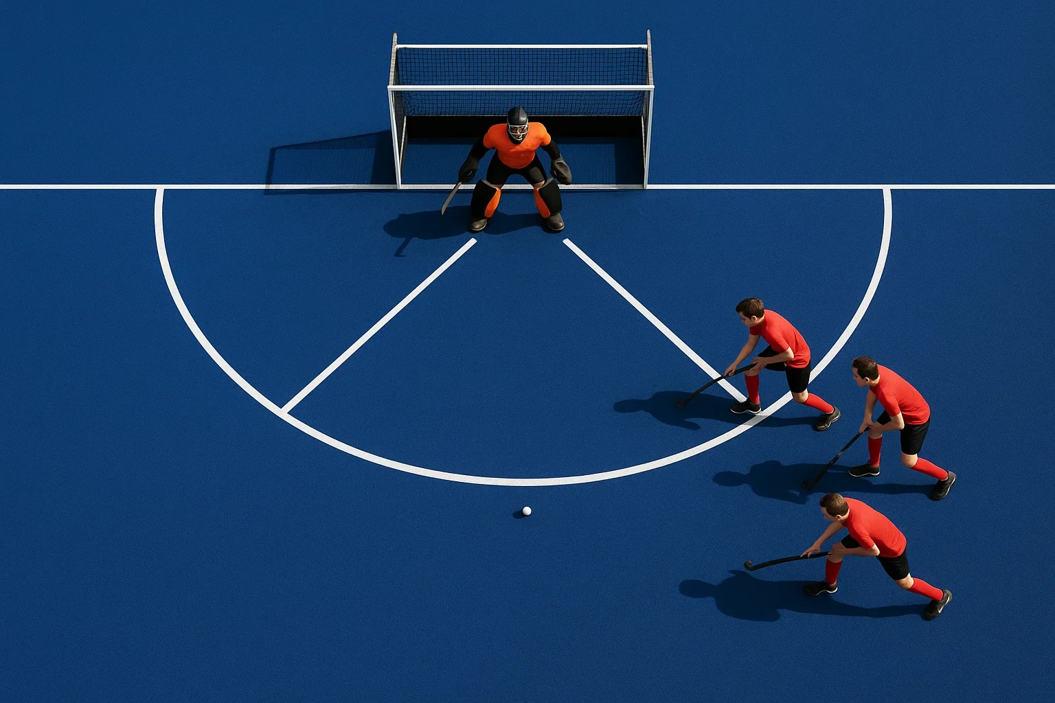 Bovenaanzicht van de hockey cirkel rond het doel waar alle doelpunten moeten worden gemaakt