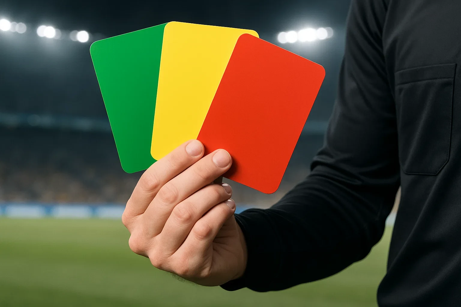 Scheidsrechter met groene, gele en rode hockey kaarten voor het kaartensysteem