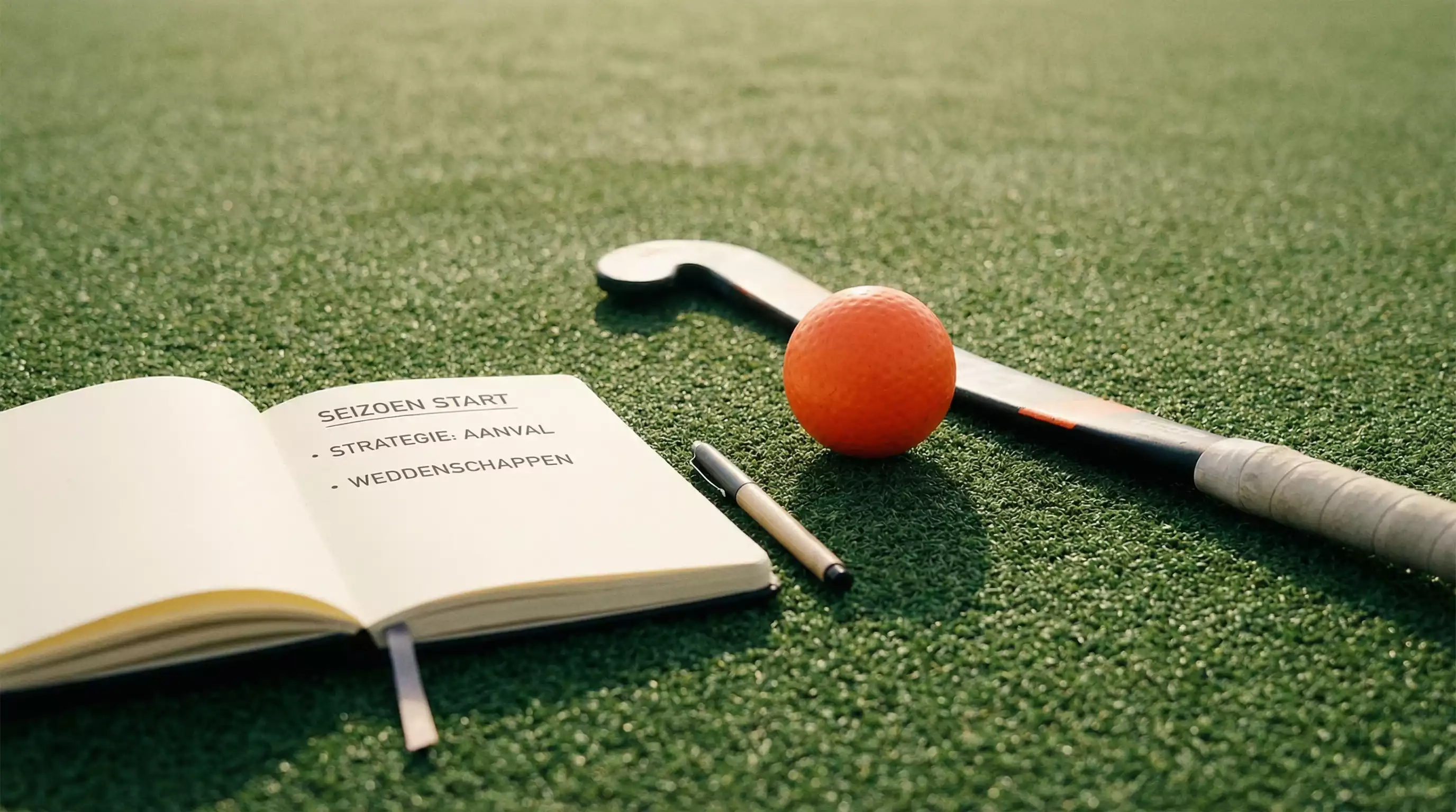 Hockeystick en bal op kunstgras met een notitieblok voor planning ernaast