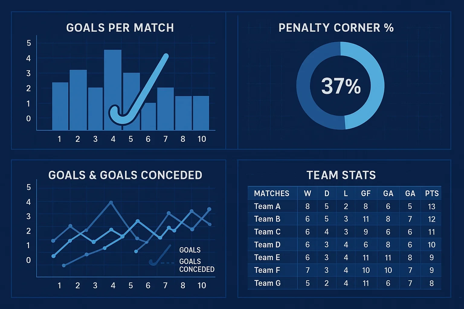 Hockey statistieken dashboard met doelpunten en strafcorner percentages analyse