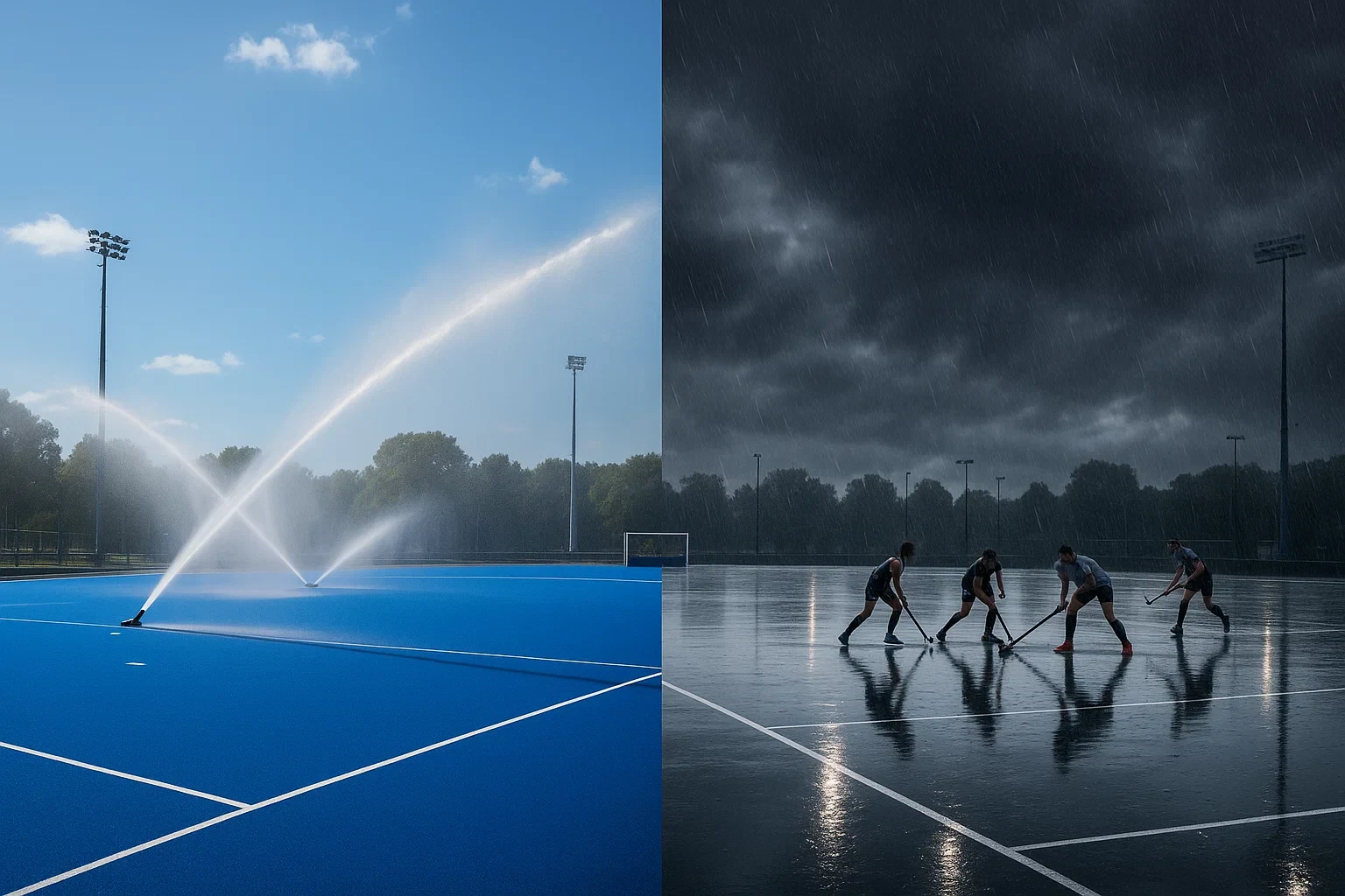 Hockey waterveld onder verschillende weersomstandigheden met sproeiers en regeneffect