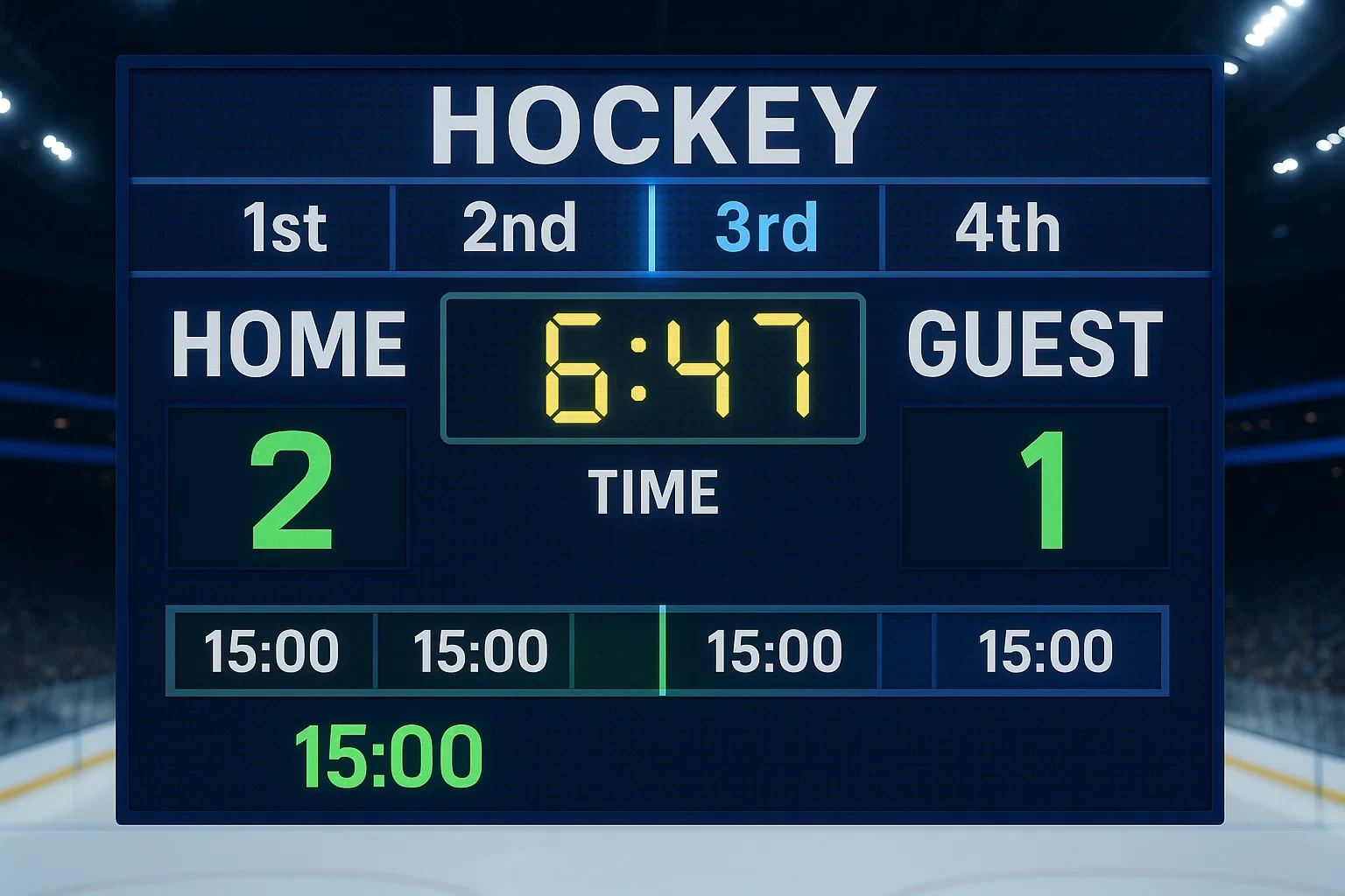 Digitaal scorebord met hockey tijdsindeling in vier kwarten van 15 minuten