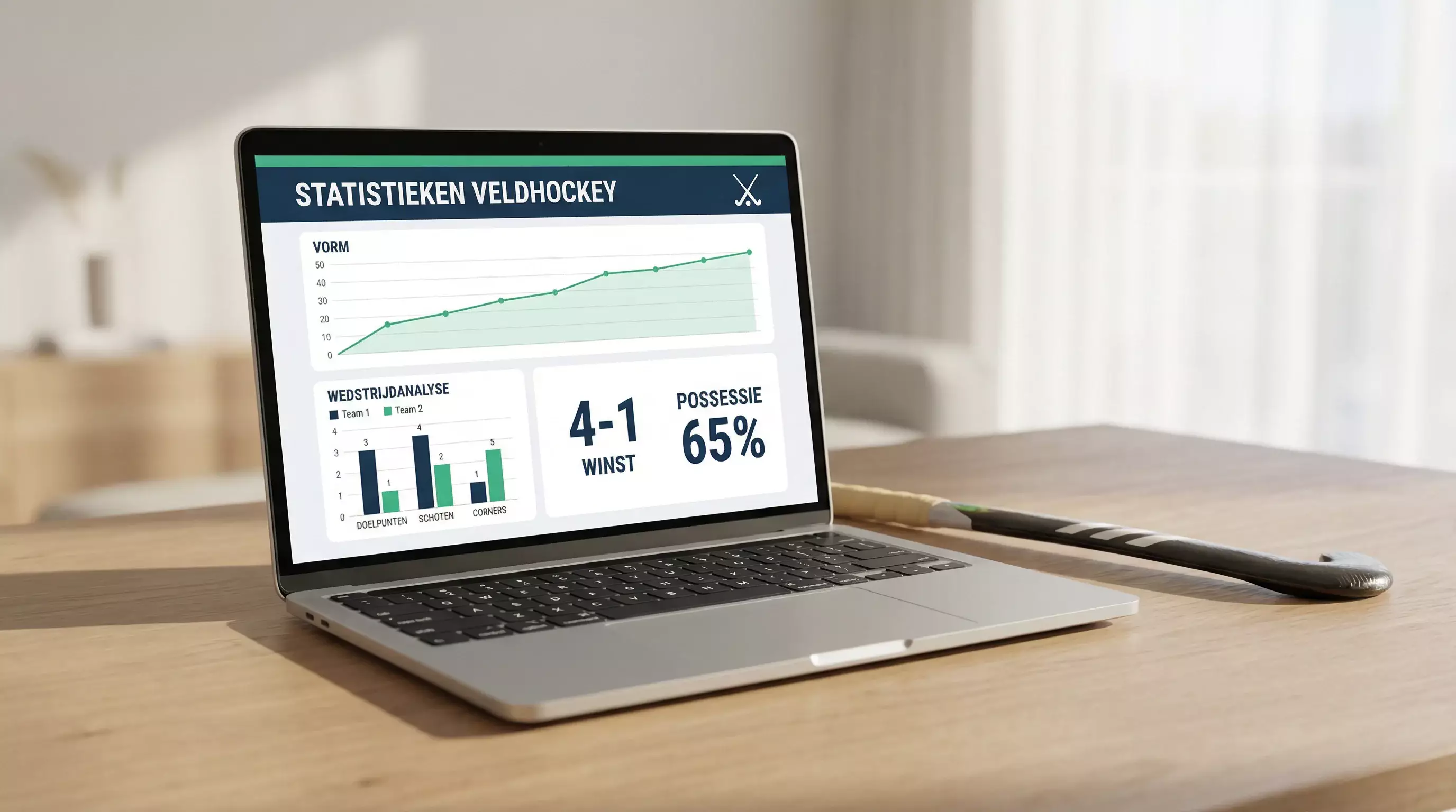 Laptop met hockeystatistieken naast een hockeystick op een bureau