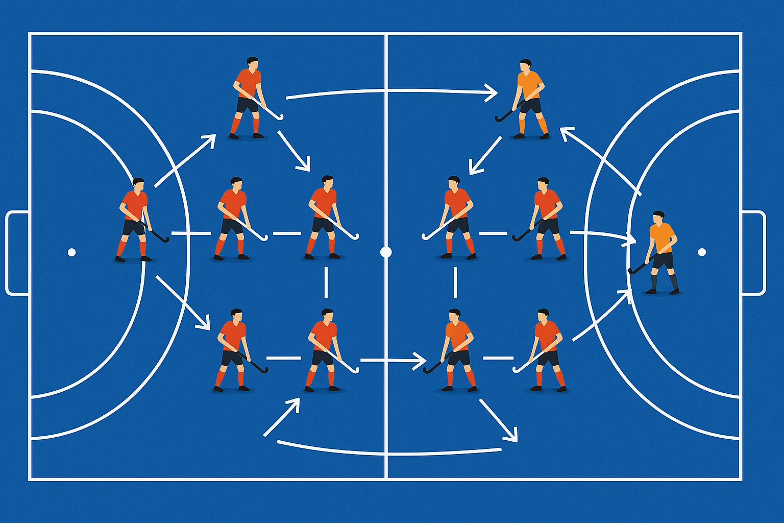 Overzicht van de twaalf Hoofdklasse hockey teams met tactische formatie op het veld