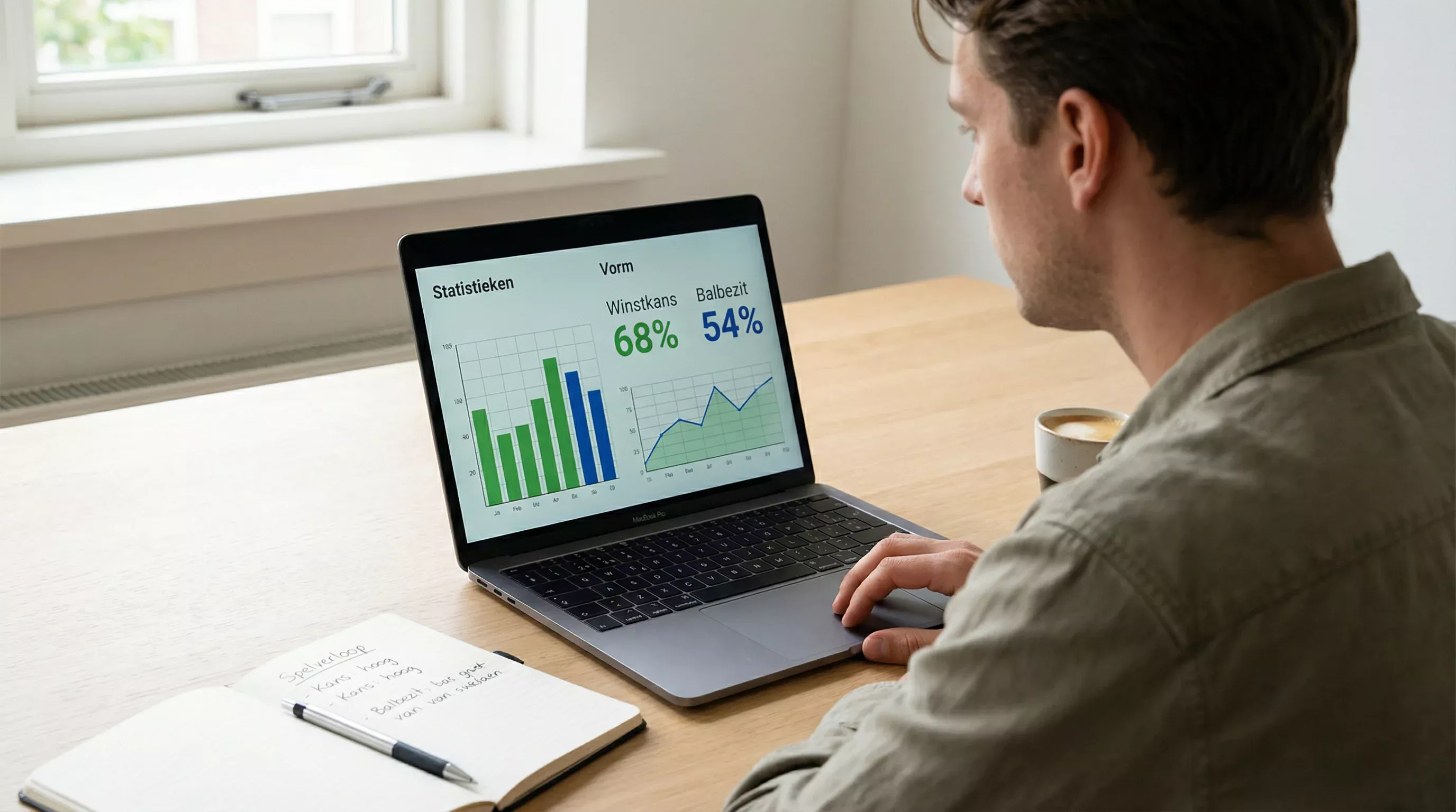 Persoon analyseert hockeystatistieken op laptop