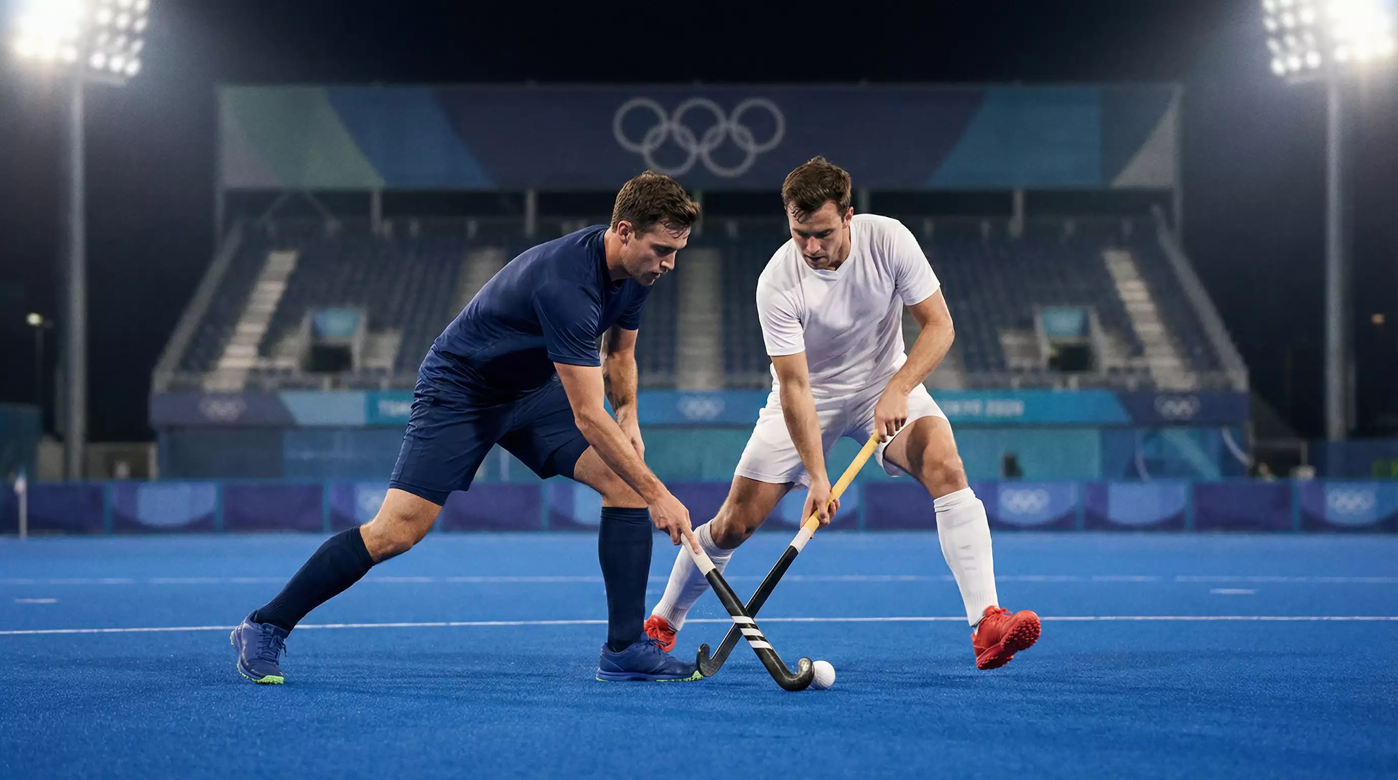 Internationale hockeyspelers in actie tijdens olympische wedstrijd