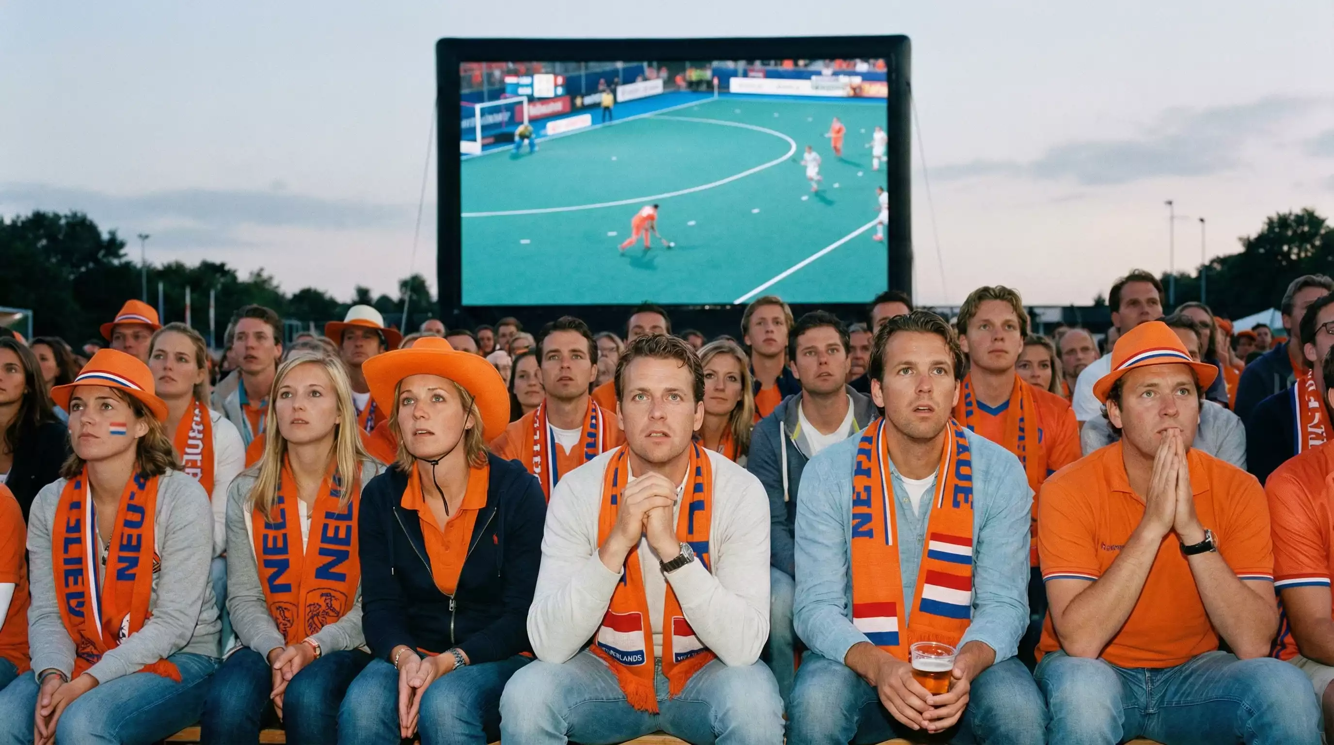 Hockeyfans kijken gespannen naar wedstrijd op groot scherm