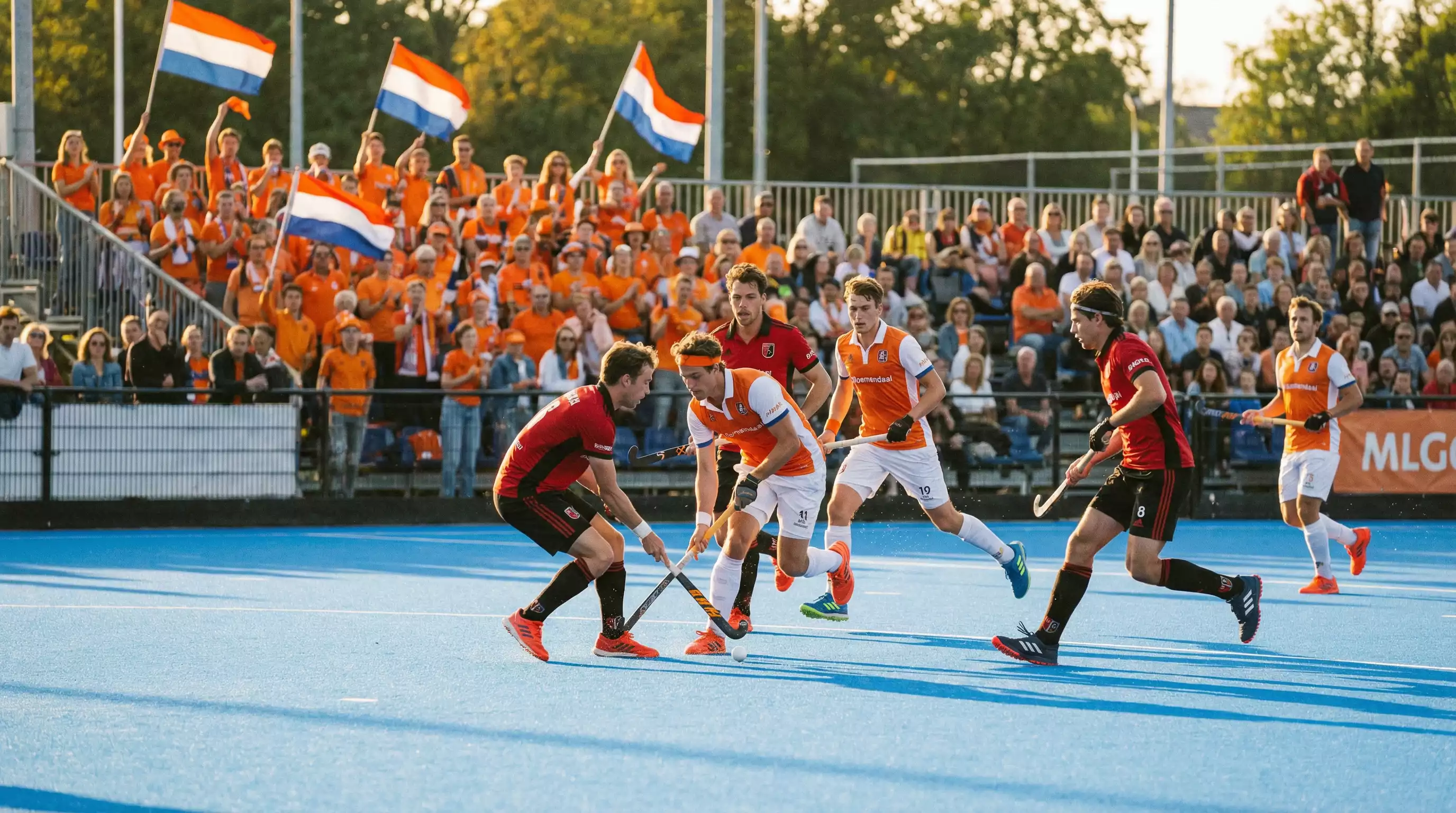 Hockeywedstrijd in de Nederlandse Hoofdklasse met publiek op de tribune