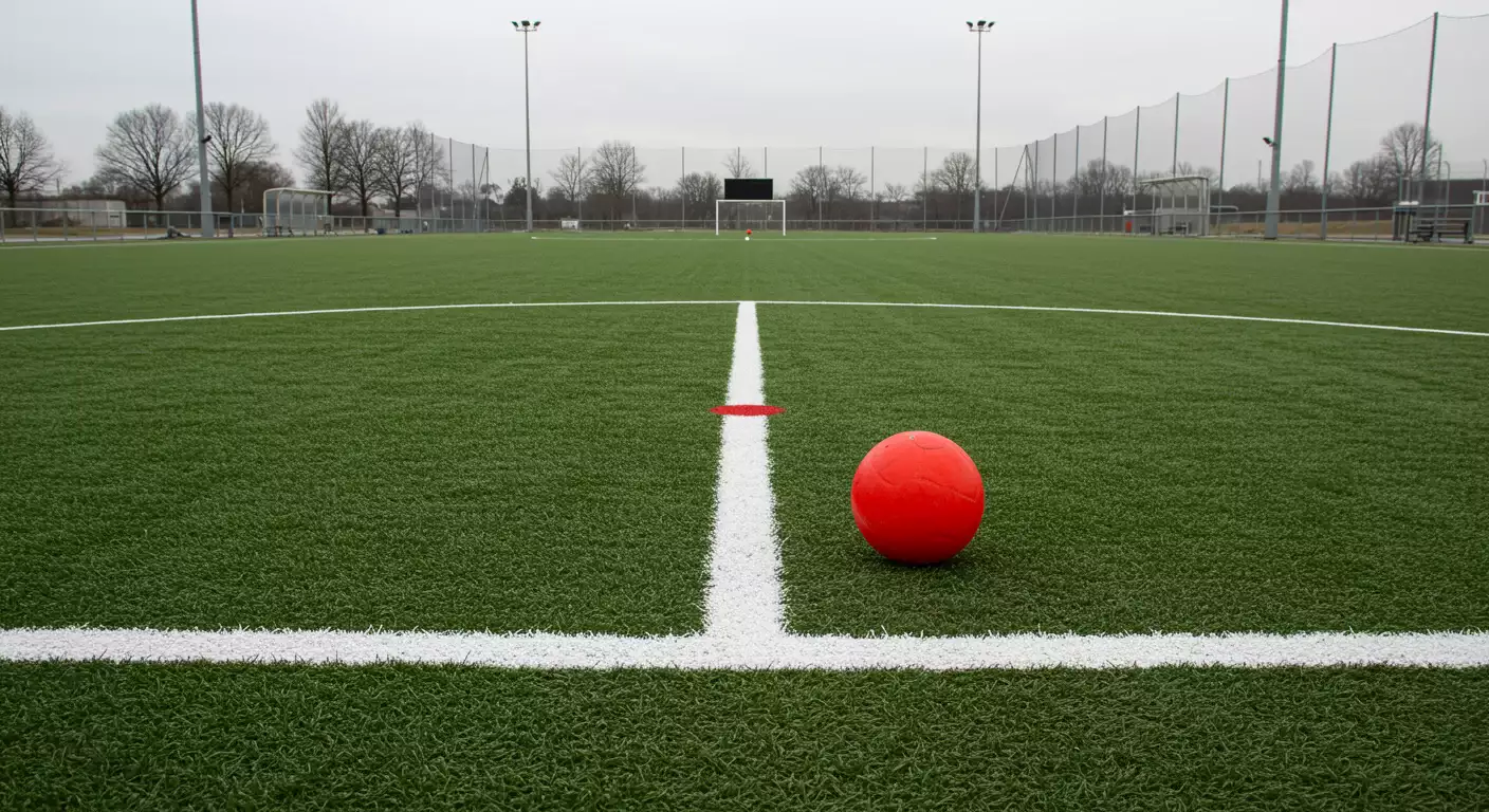 Leeg hockeyveld in winterse omstandigheden