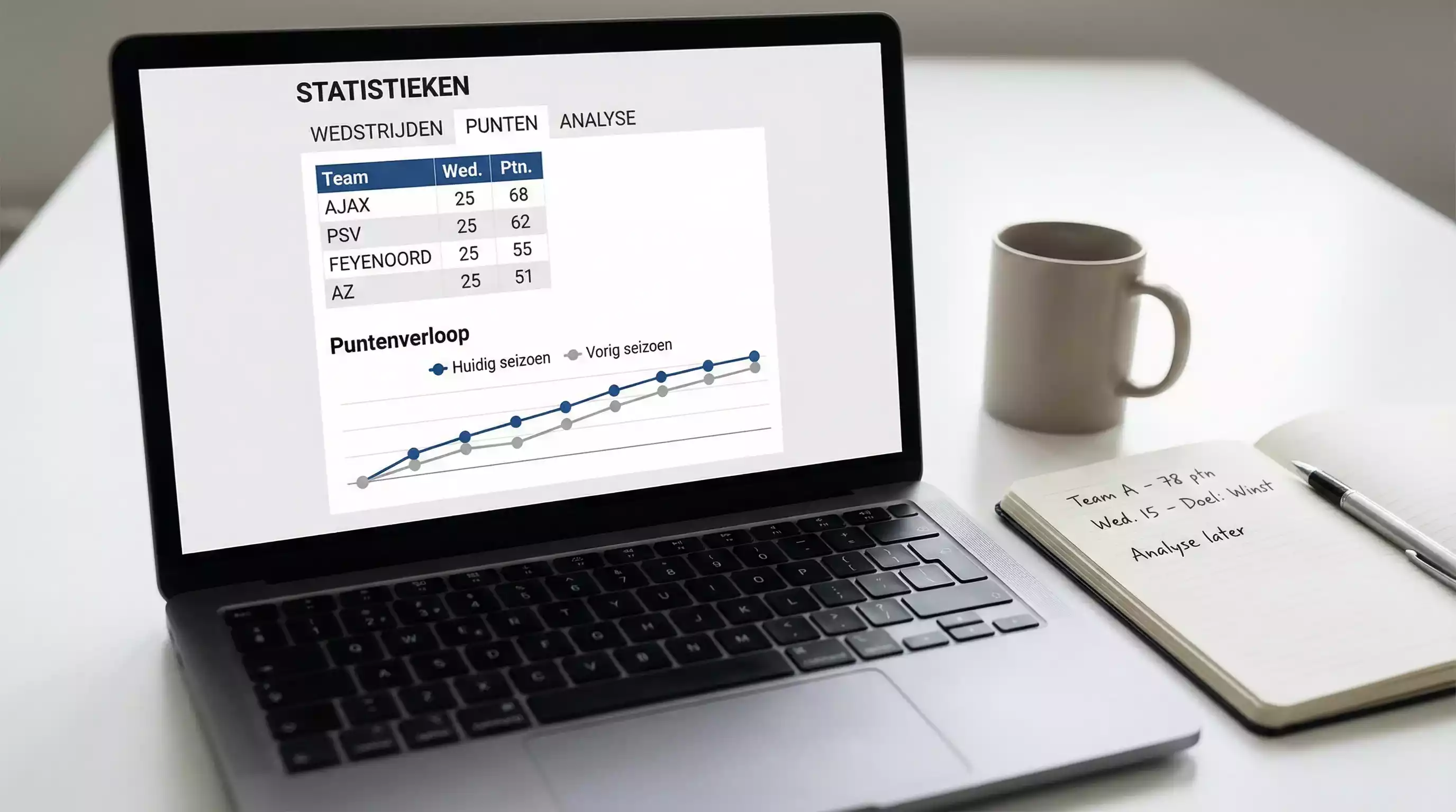 Laptop met sportdata en notitieboek op bureau
