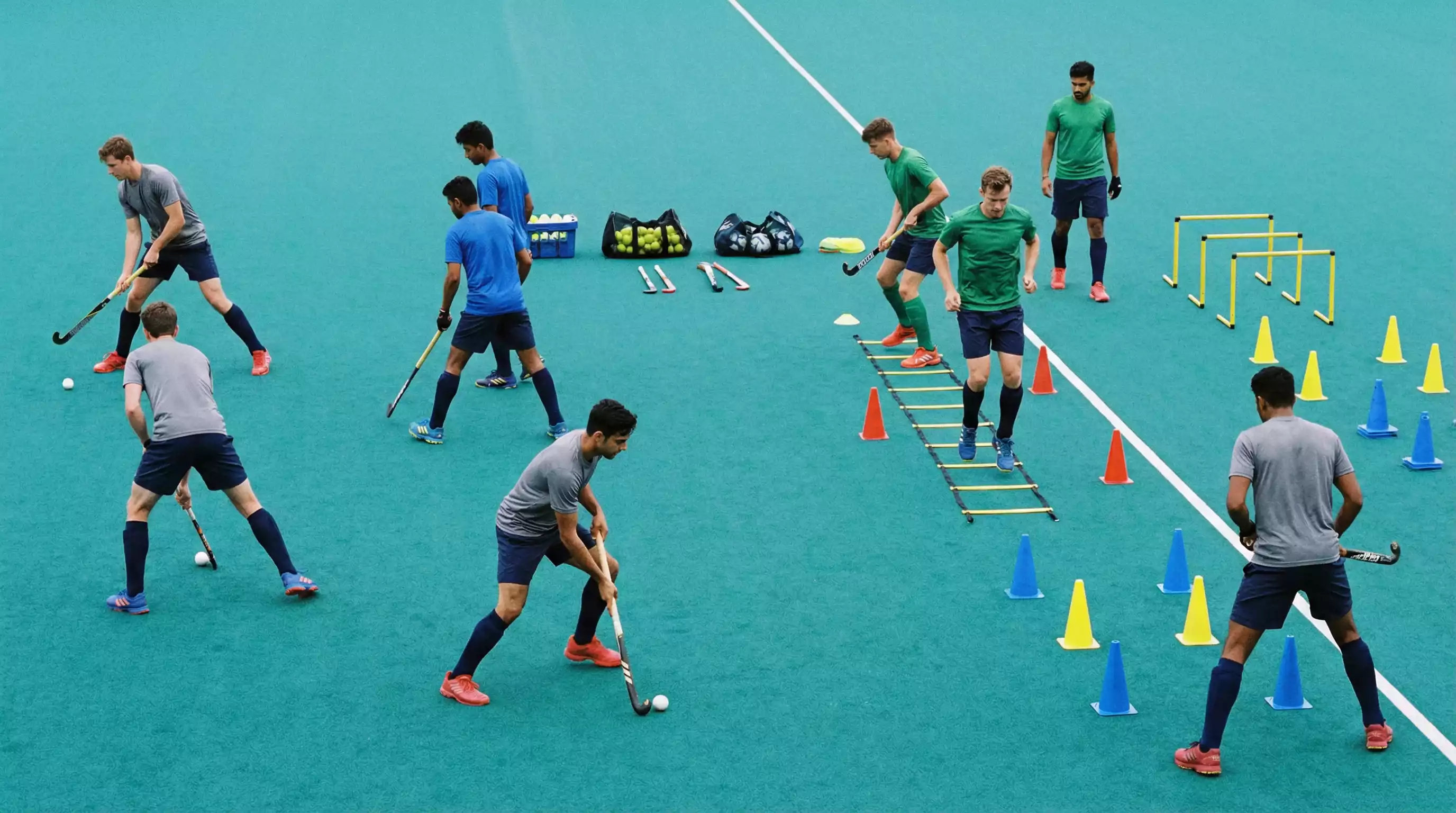 Jonge hockeytalenten tijdens training op kunstgrasveld