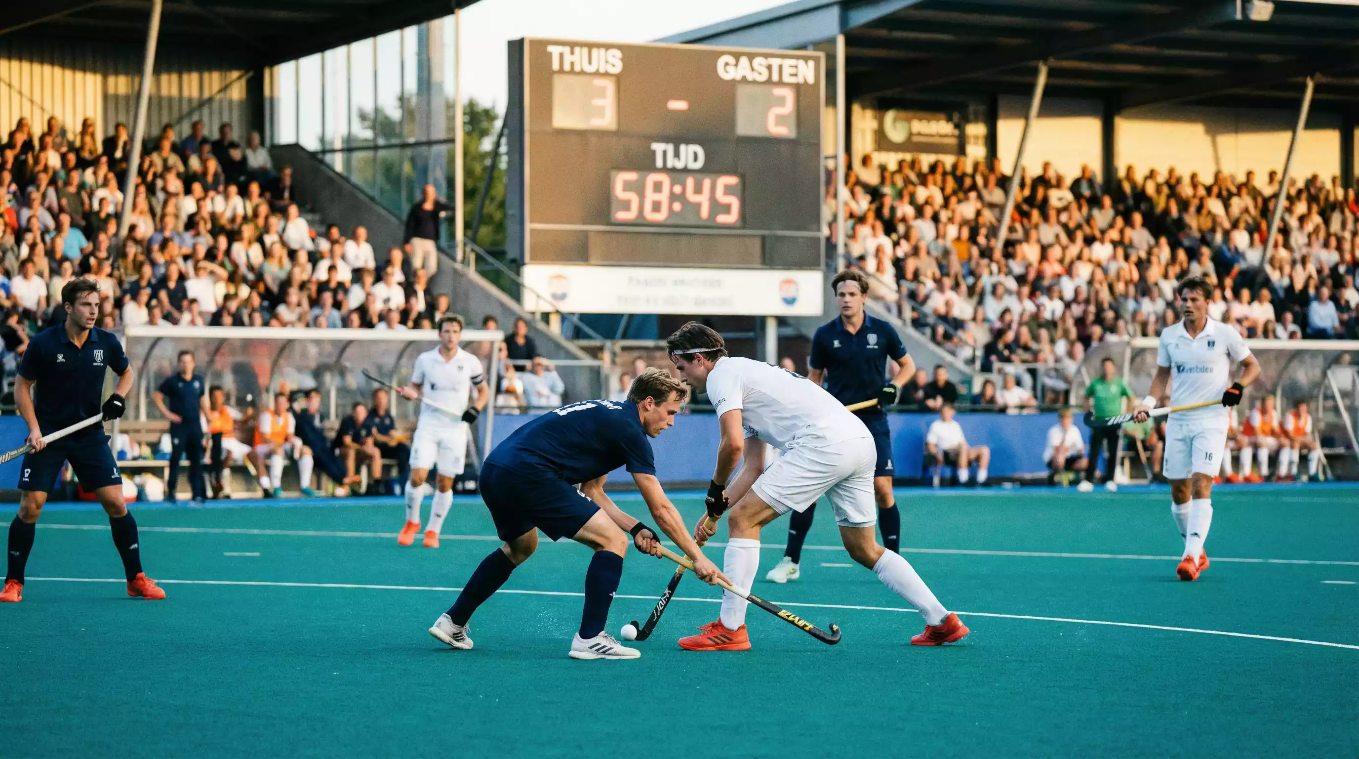Hockeyveld met scorebord en wedstrijdsfeer