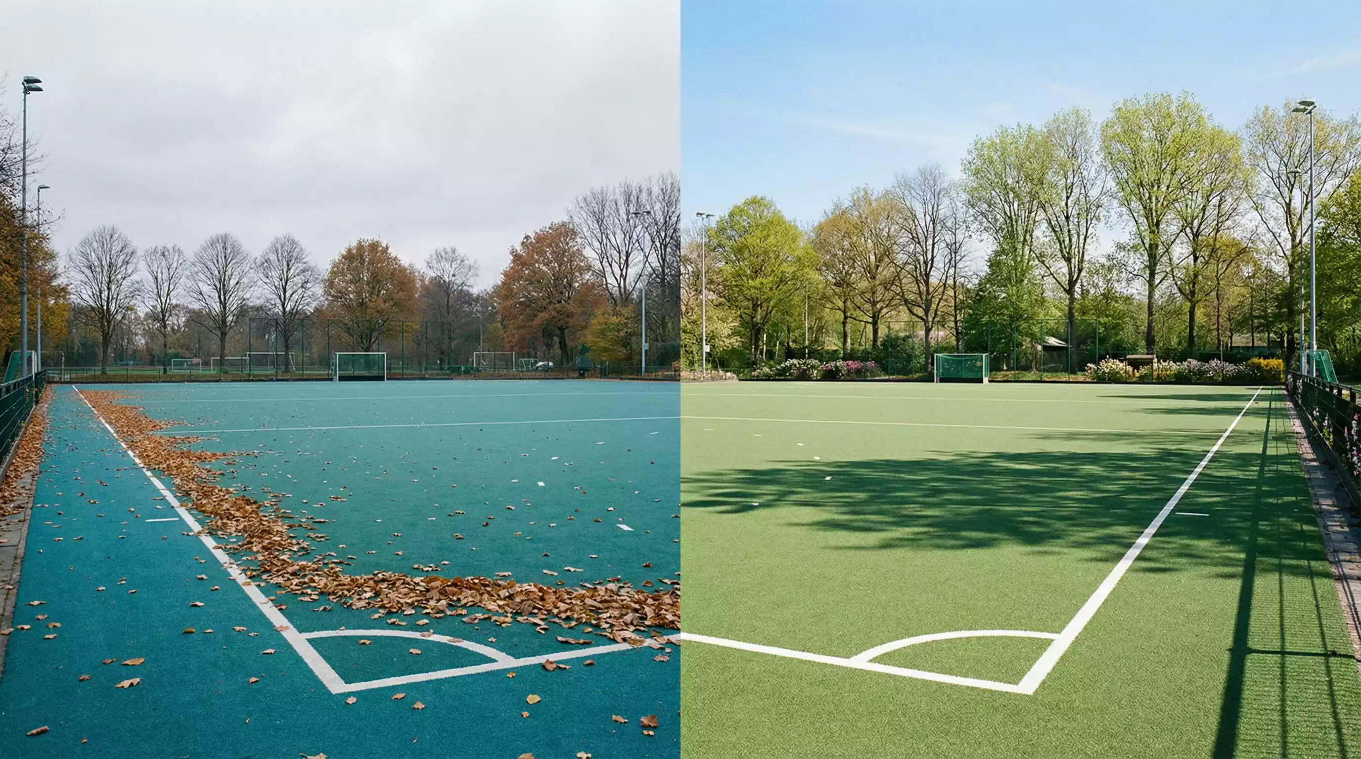 Hockeyveld in verschillende seizoenen met wisselend weer