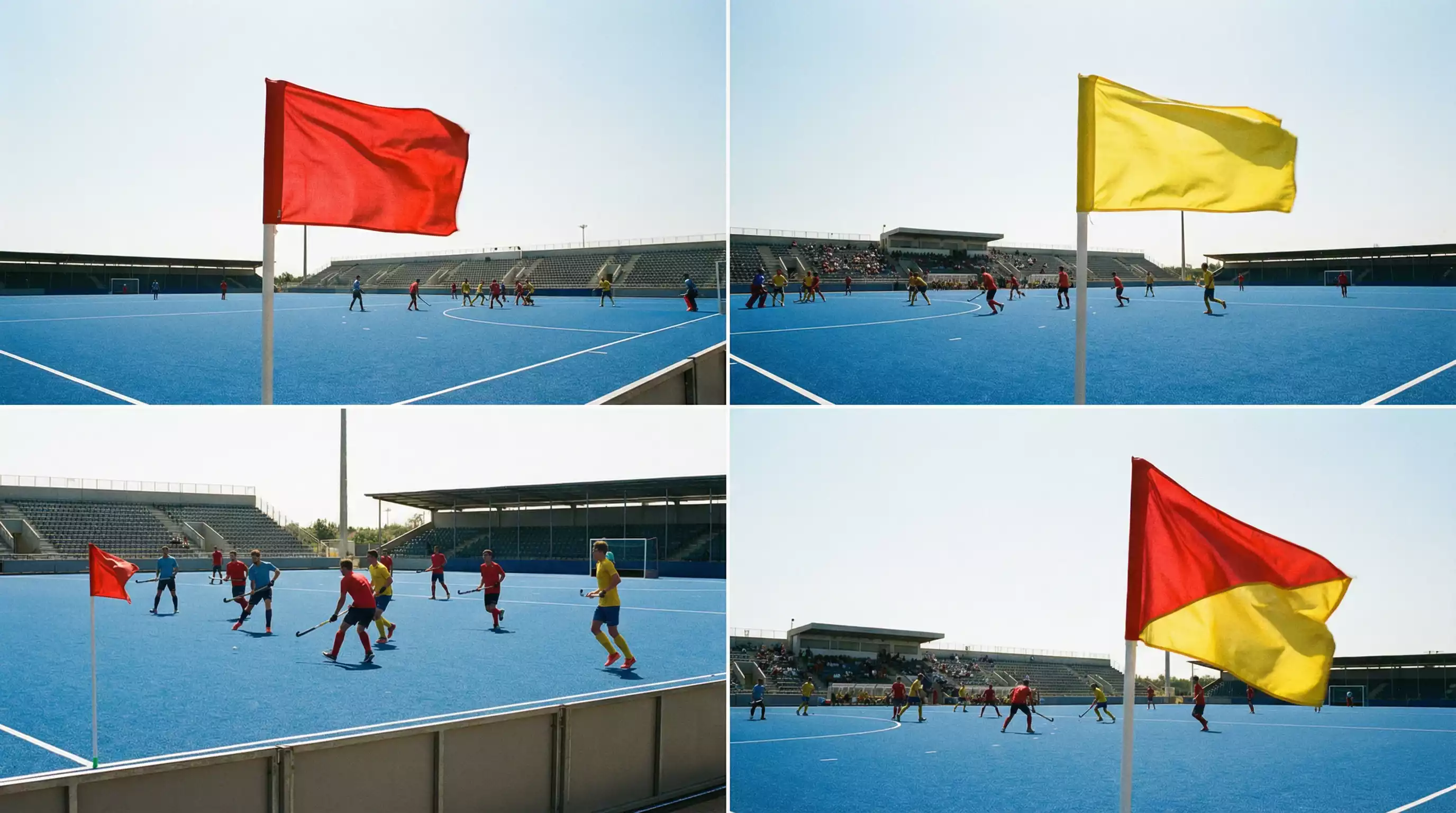 Hockeyveld met wapperende vlaggen die wind aangeven